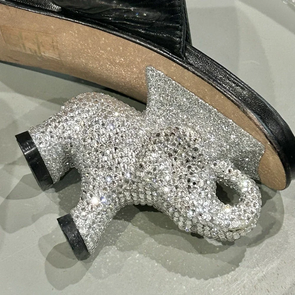 Ramon Tenza Black Heel W/Swarovski Crystal‎ Embellished Elephant Heel SZ 40 RARE